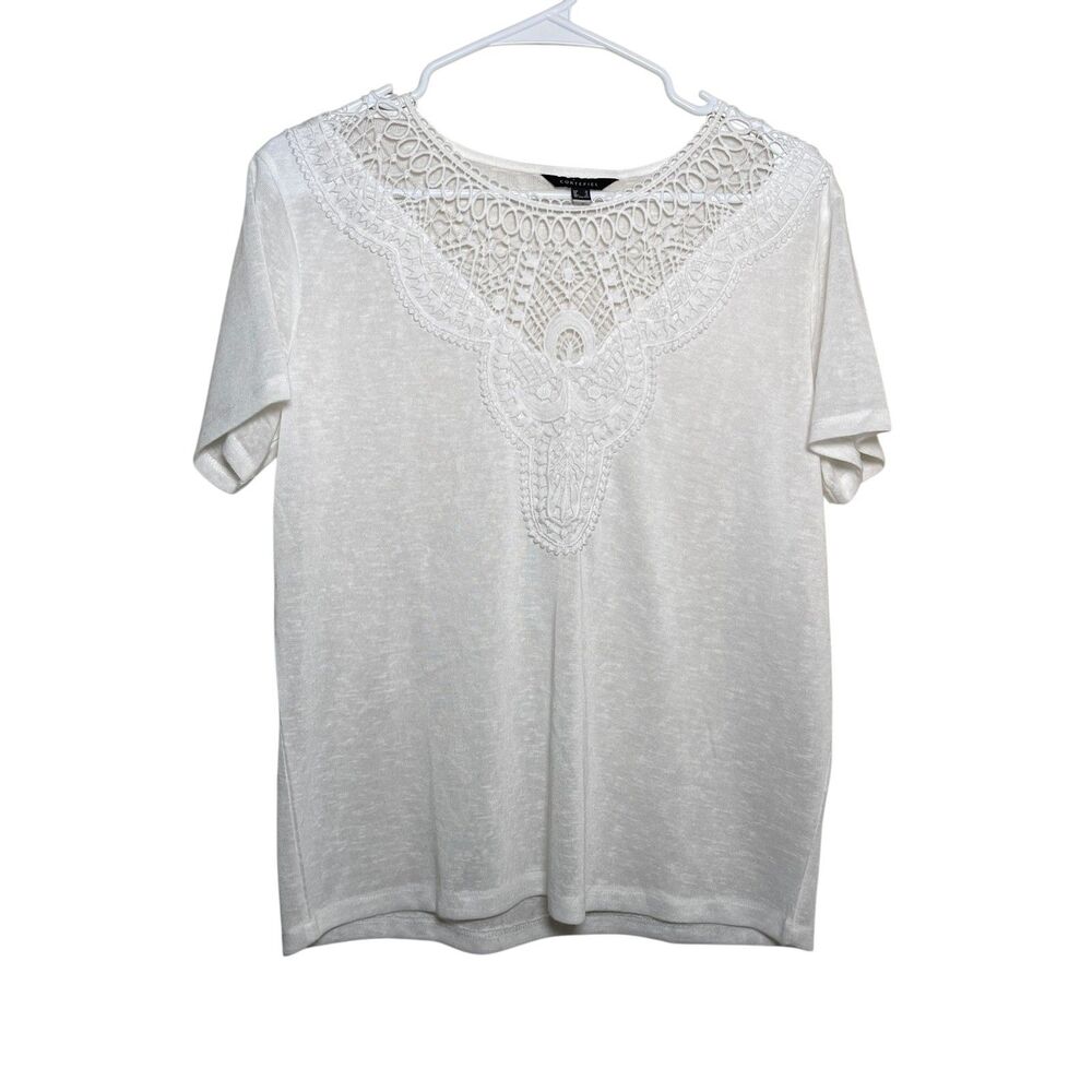 Cortefiel Blouse Women's 6 White Lace Sheer Short Sleeve Boho Shirt Top